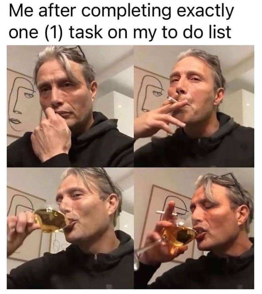 The meme features a photo of actor Mads Mikkelsen, known for his role in the TV series "Hannibal." The image is captioned with the text: "Me after completing exactly one task on my to-do list." The meme humorously captures the feeling of accomplishment and relaxation that comes with completing a single task, even if it's just a small one.